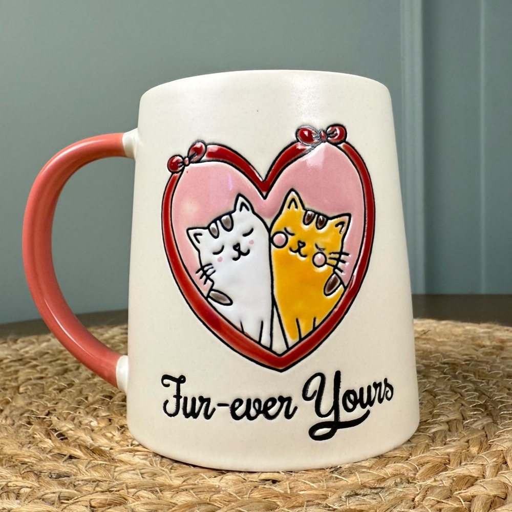 Spectrum Designz Fur-ever Yours Mug Gift Pink Handle White & Tan Cat Heart 17 Oz
